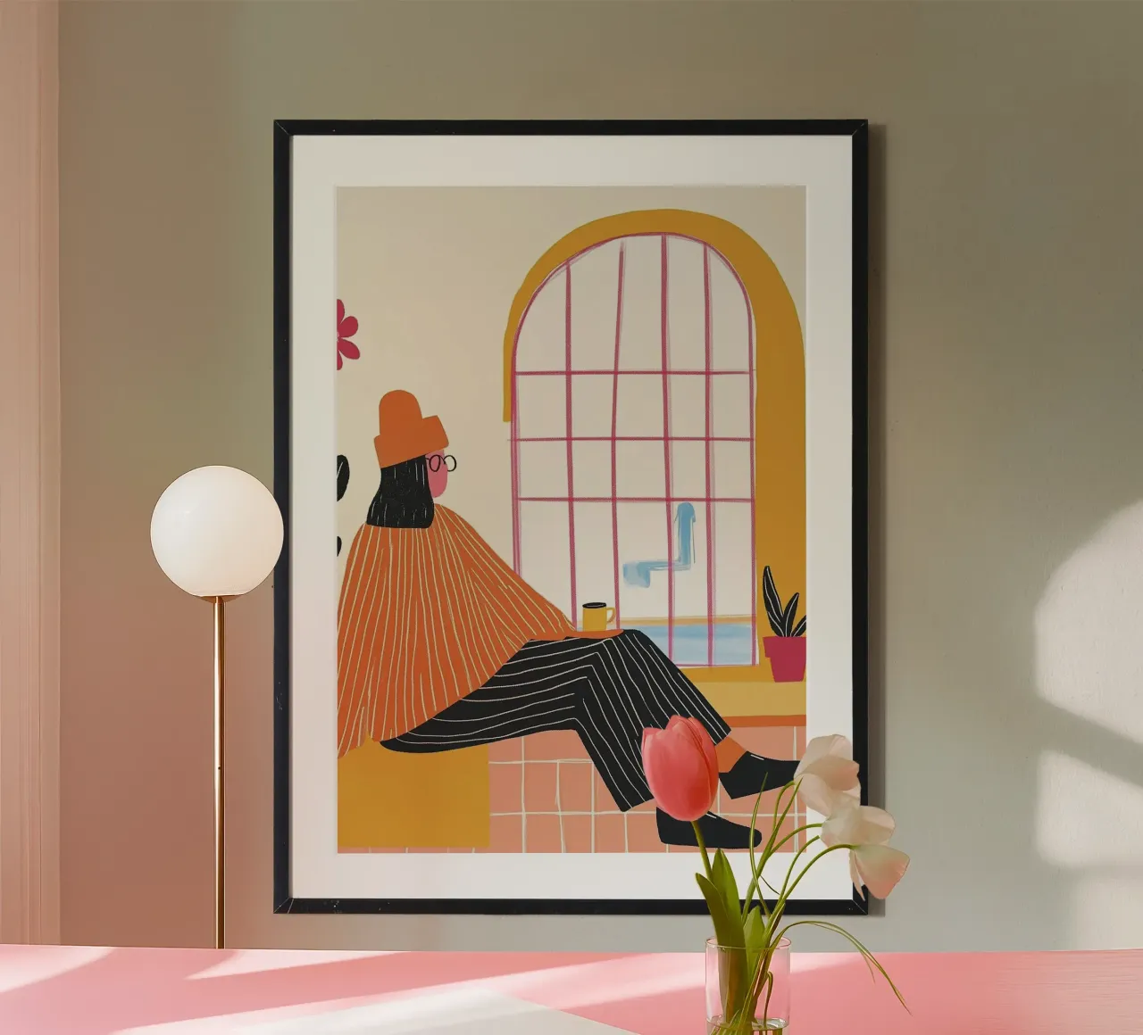 Grafica della dopamina: Donna, strisce arancioni e finestra ad arco carta hahnemühle da dawnthesea