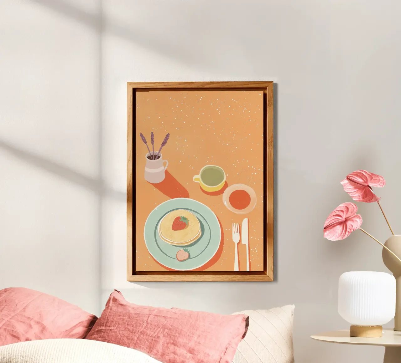 Brunch a base di dopamina: Pancakes alla fragola e Flat Lay Art alla lavanda pannello forex da dawnthesea