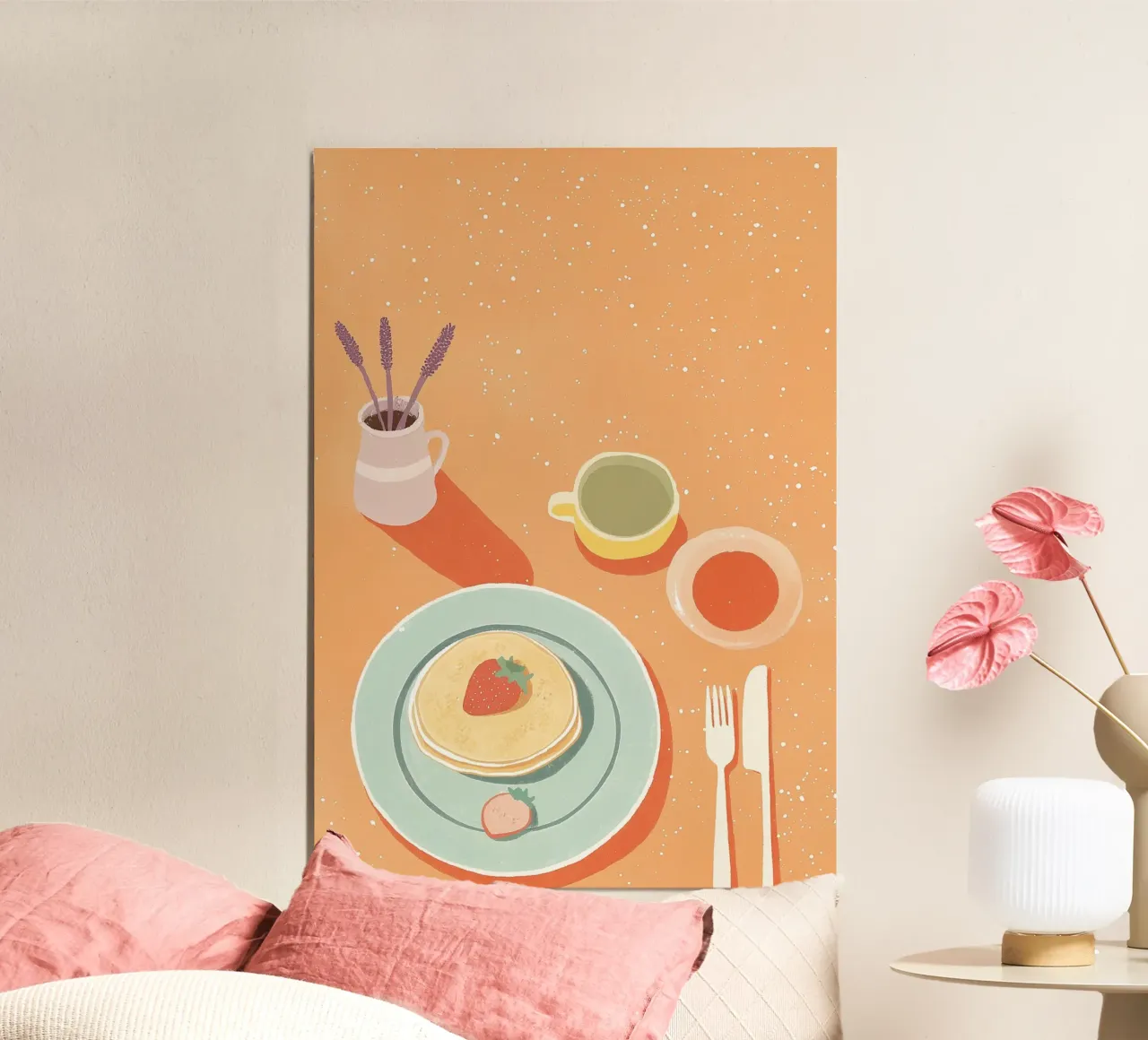 Brunch a base di dopamina: Pancakes alla fragola e Flat Lay Art alla lavanda pannello forex da dawnthesea