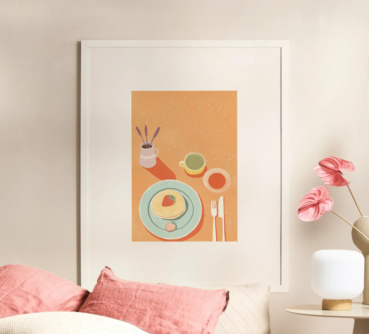 Brunch a base di dopamina: Pancakes alla fragola e Flat Lay Art alla lavanda carta hahnemühle da dawnthesea