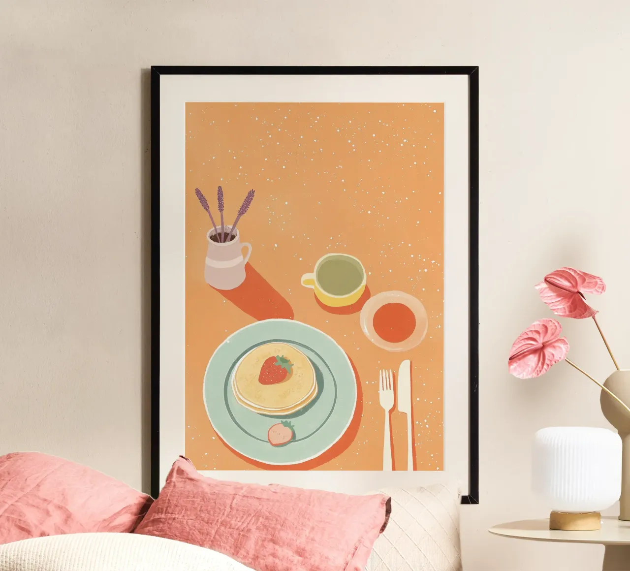 Brunch a base di dopamina: Pancakes alla fragola e Flat Lay Art alla lavanda carta hahnemühle da dawnthesea