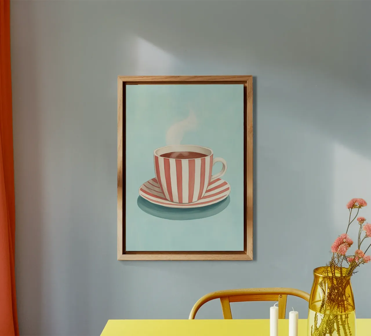 Hygge-Streifen: Dampfender Kaffee, rot-weißer Retro-Cafécore A Alu-Dibond von dawnthesea