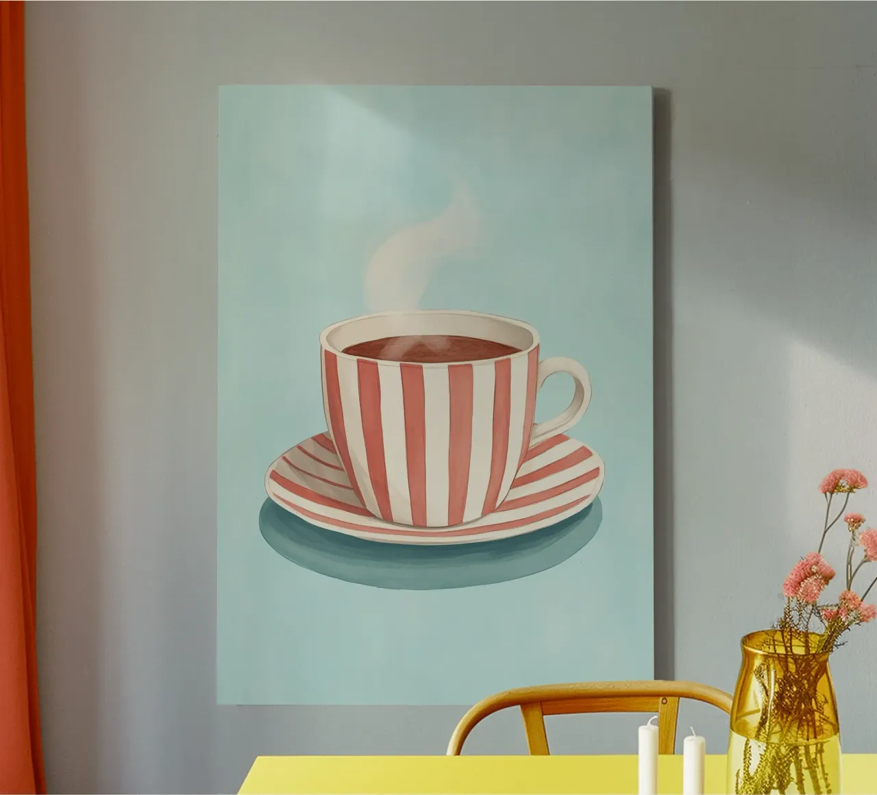 Hygge-Streifen: Dampfender Kaffee, rot-weißer Retro-Cafécore A Leinwand von dawnthesea