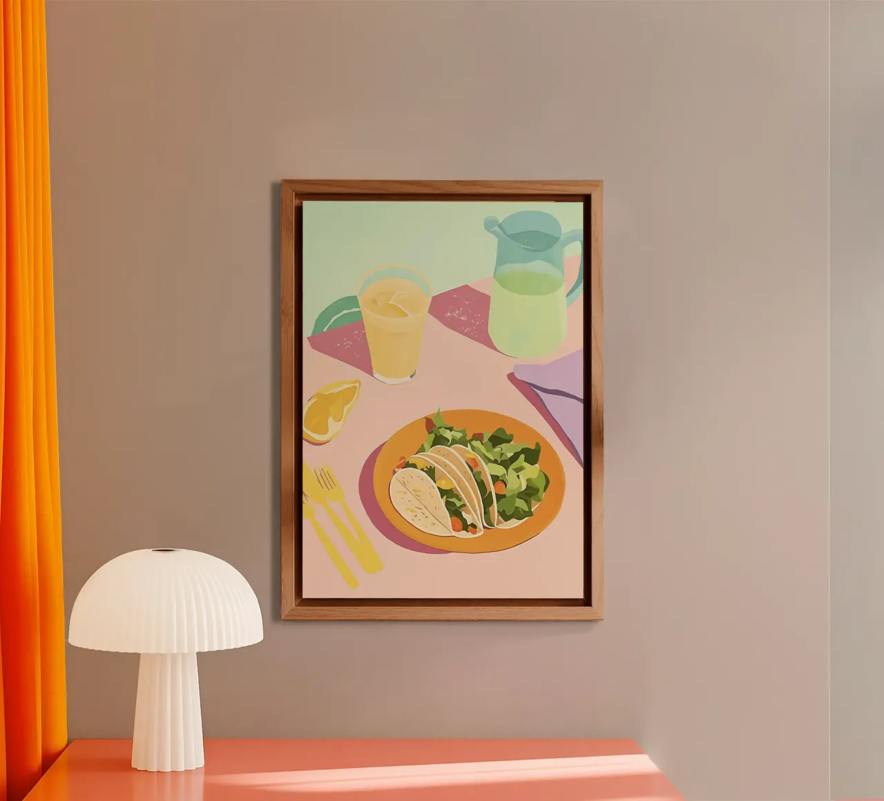 Martedì dei tacos: Piatto piatto alla dopamina rosa e arancione, Graphic Food pannello forex da dawnthesea