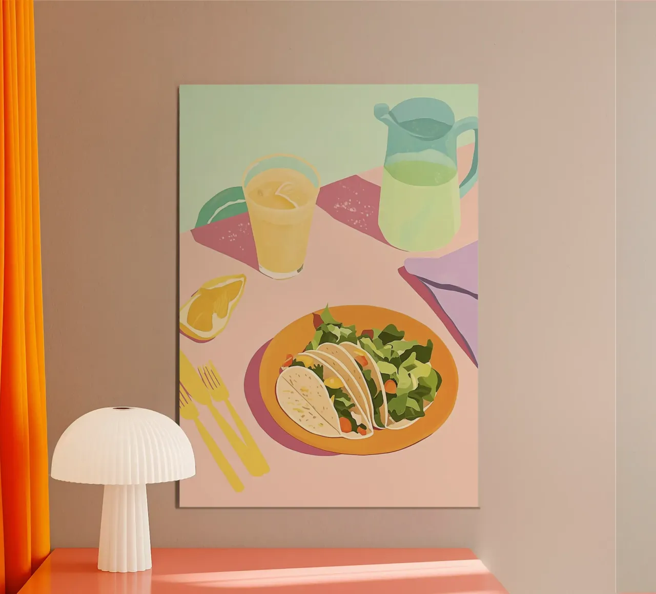 Martedì dei tacos: Piatto piatto alla dopamina rosa e arancione, Graphic Food pannello forex da dawnthesea