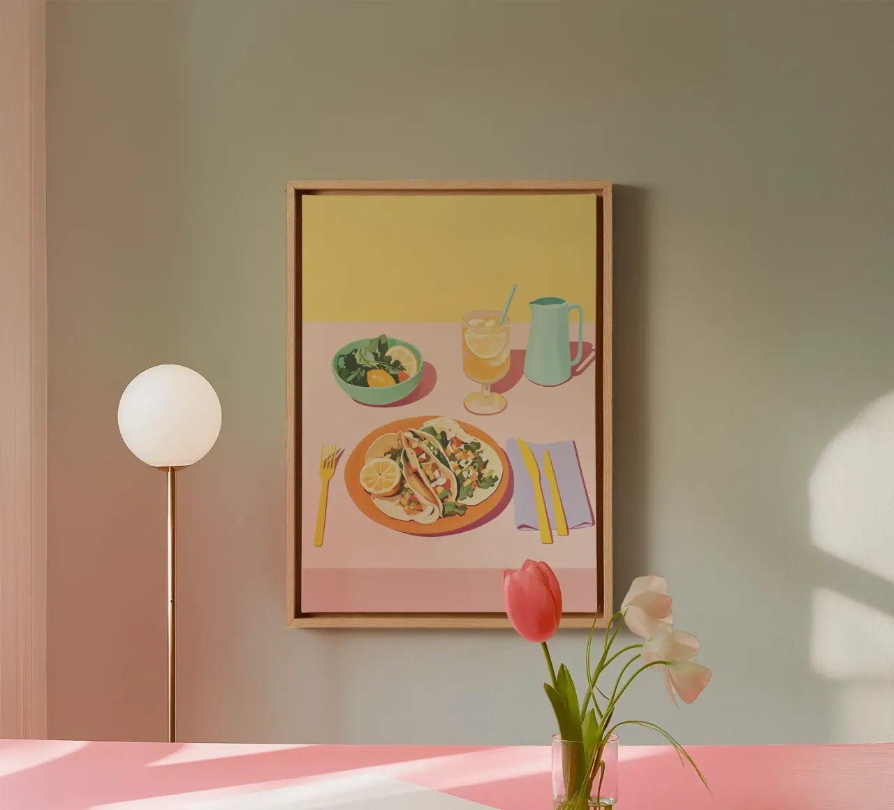 Tacos a blocchi di colore: Layer piatto pop art rosa e giallo Dopamina tela da dawnthesea