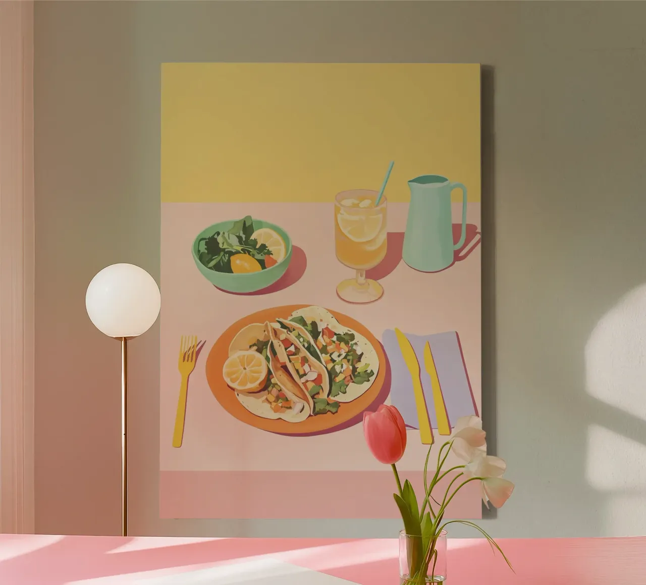 Tacos a blocchi di colore: Layer piatto pop art rosa e giallo Dopamina tela da dawnthesea