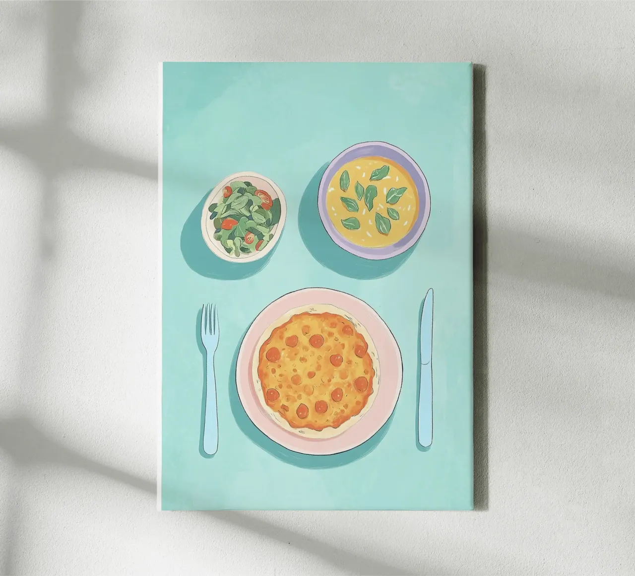 Pane piatto alla dopamina: Pranzo Cafécore verde acqua e rosa, cibo Pop Art tela da dawnthesea