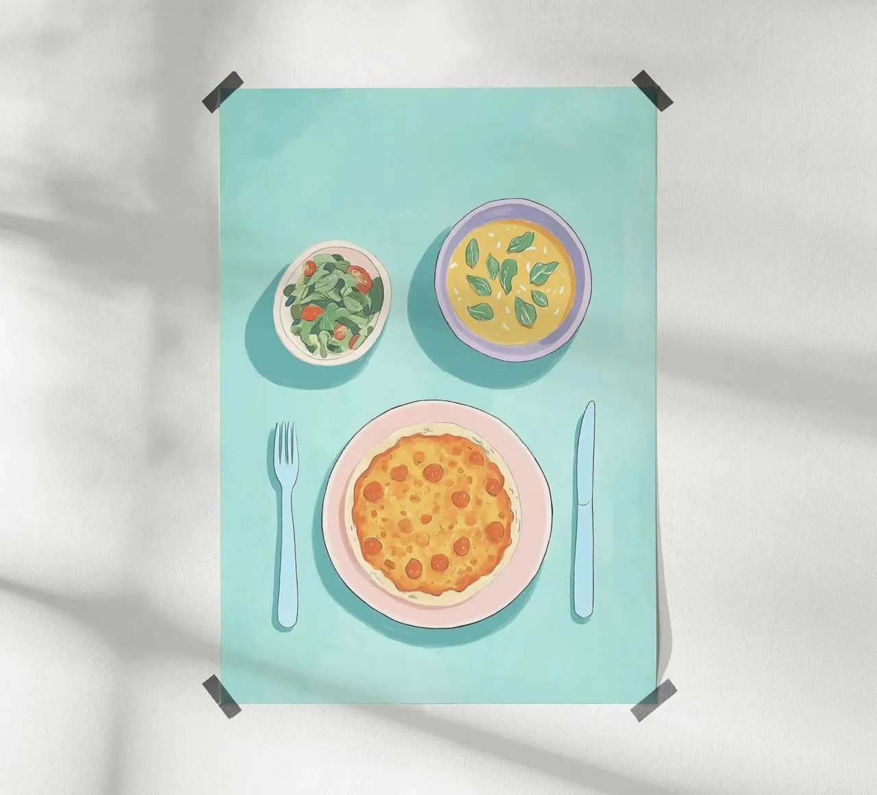 Pane piatto alla dopamina: Pranzo Cafécore verde acqua e rosa, cibo Pop Art carta hahnemühle da dawnthesea