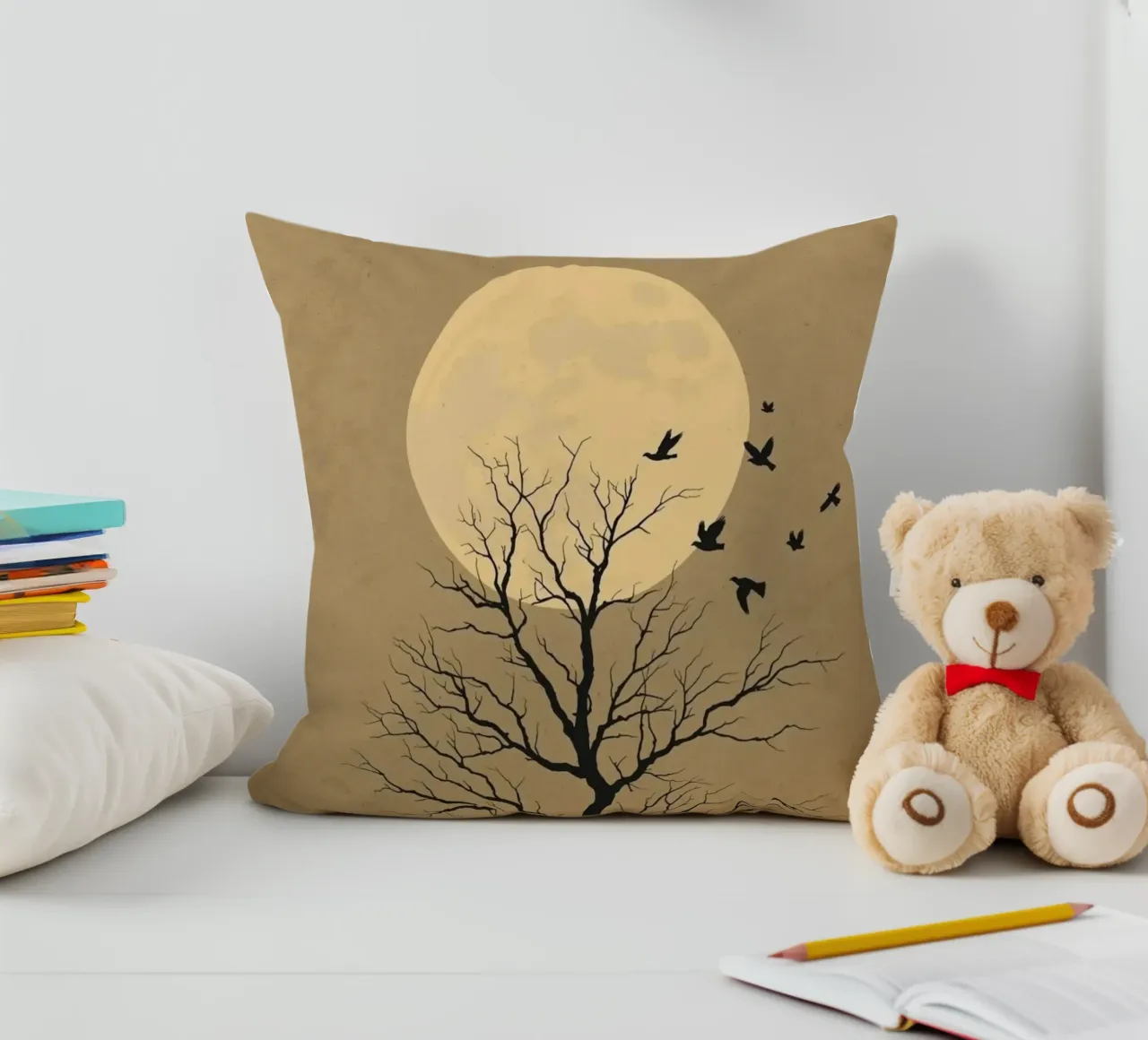 Silhouette di albero con luna piena cuscino da DesignArt