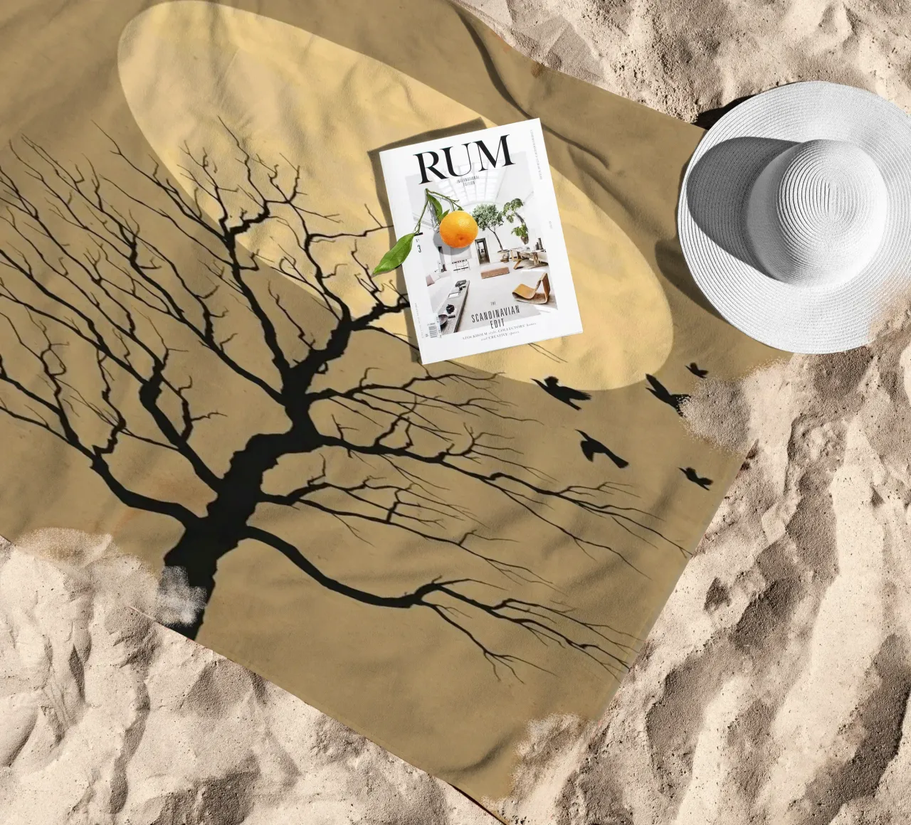 Silhouette di albero con luna piena telo mare da DesignArt
