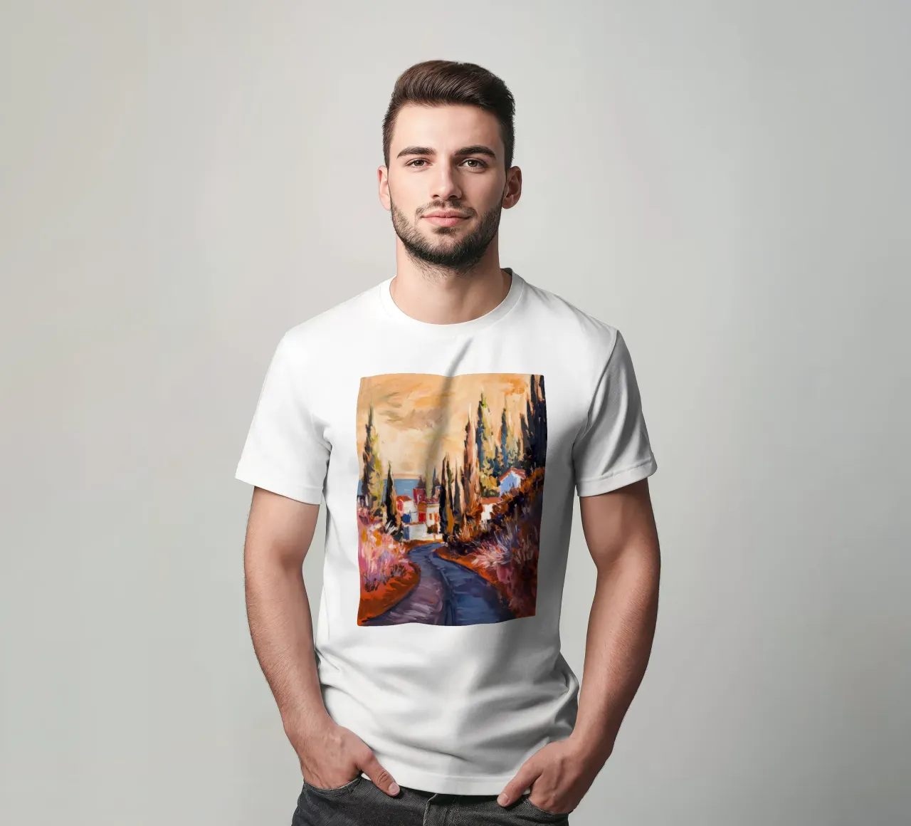 Strada dei cipressi Crepuscolo t-shirt da Angkasa Mist