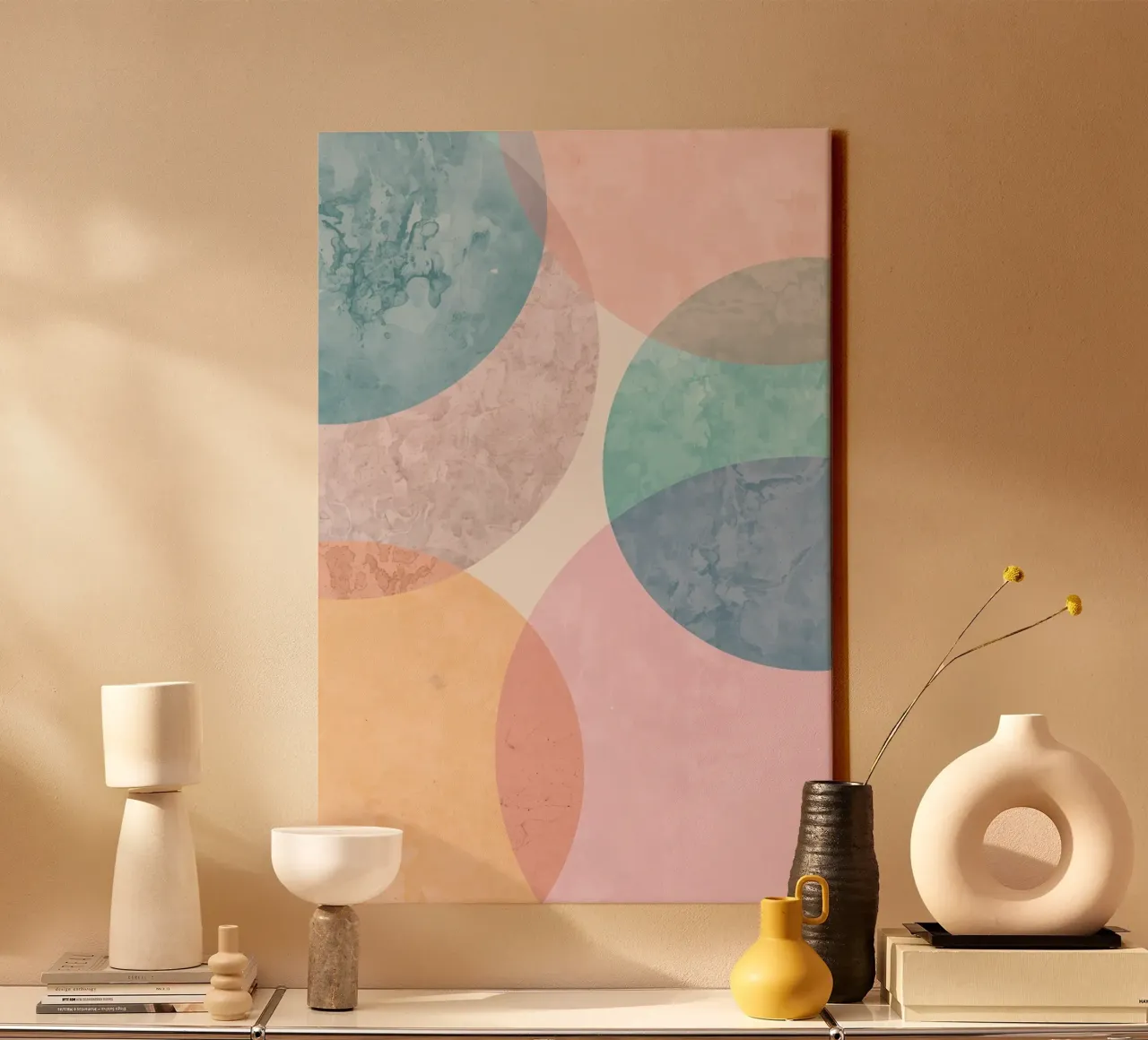 Abstracte cirkels met gestructureerde pastelkleuren canvas van DesignDoodle