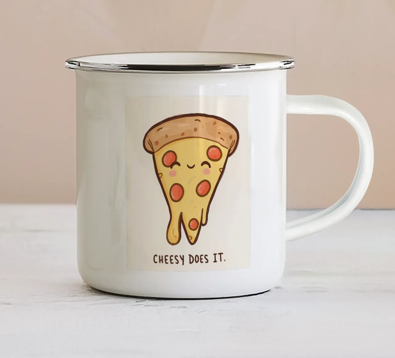 Cute pepperoni pizza slice "Cheesy Does It" tazza in smalto da DesignDoodle