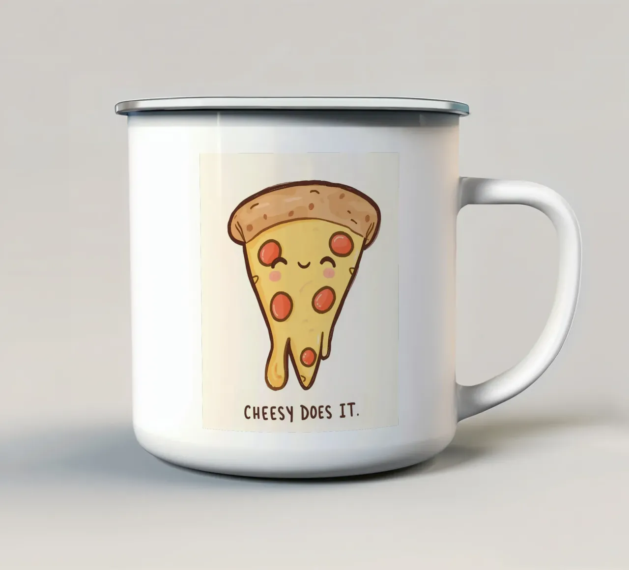 Cute pepperoni pizza slice "Cheesy Does It" tazza in smalto da DesignDoodle