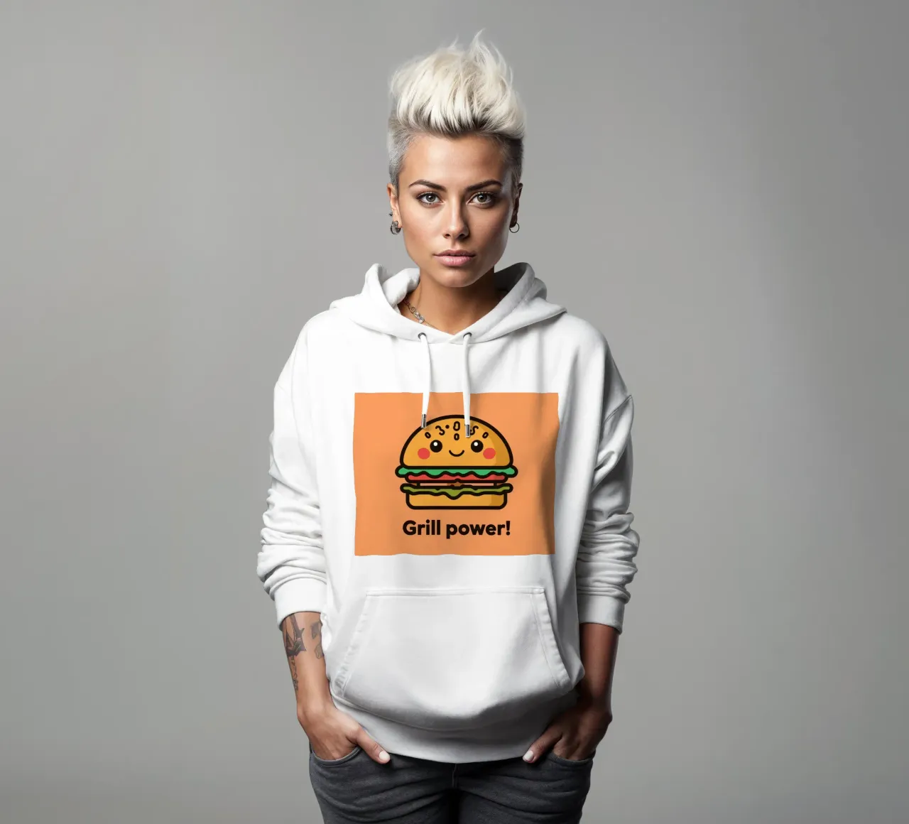 Un simpatico cartone animato sull'hamburger "Grill Power felpa con cappuccio da DesignDoodle