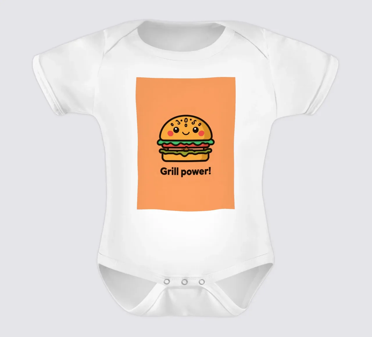 Un simpatico cartone animato sull'hamburger "Grill Power body neonato maniche corte da DesignDoodle