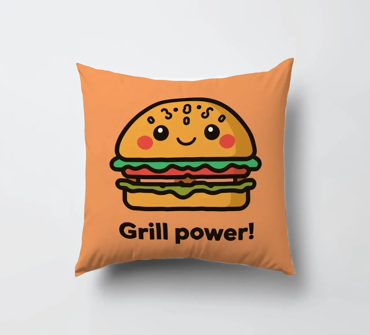 Un simpatico cartone animato sull'hamburger "Grill Power cuscino da DesignDoodle