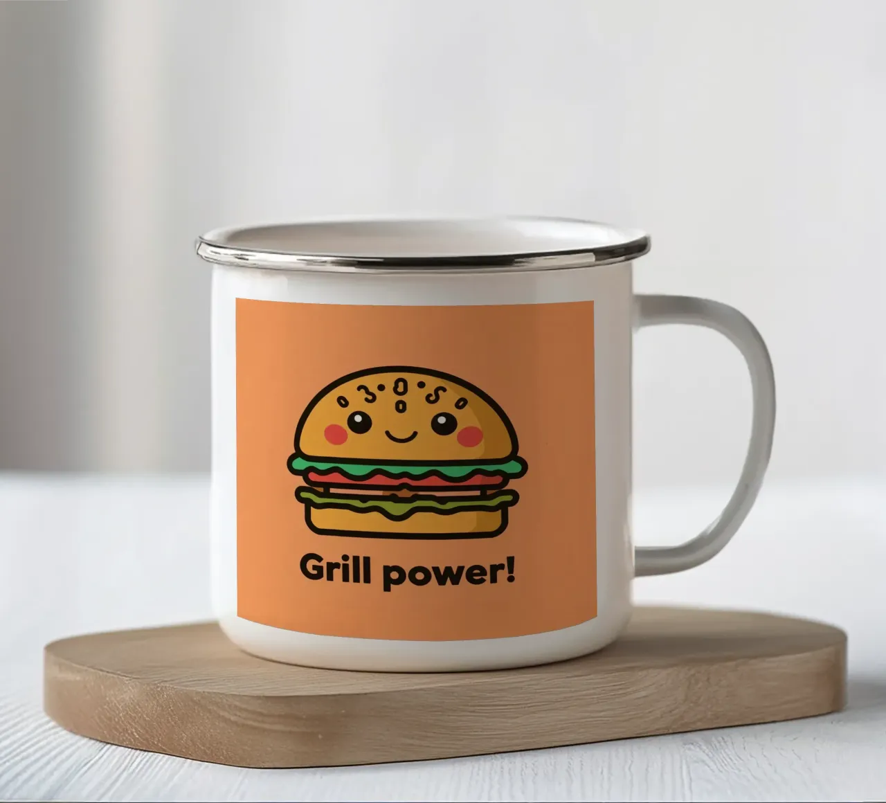 Un simpatico cartone animato sull'hamburger "Grill Power tazza in smalto da DesignDoodle