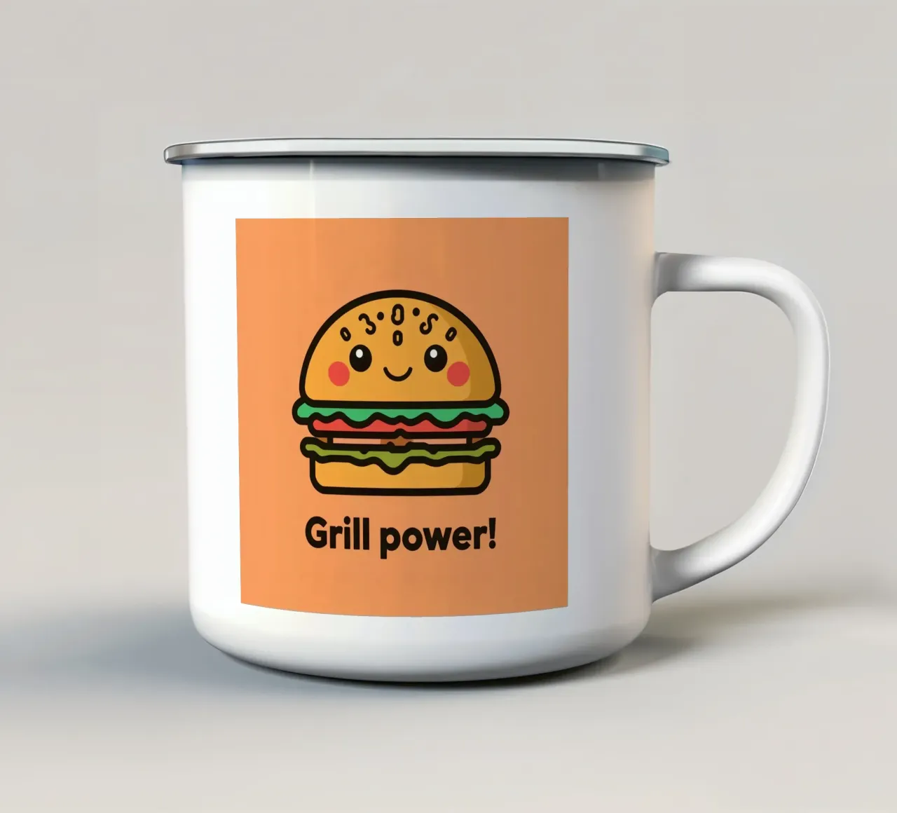 Un simpatico cartone animato sull'hamburger "Grill Power tazza in smalto da DesignDoodle
