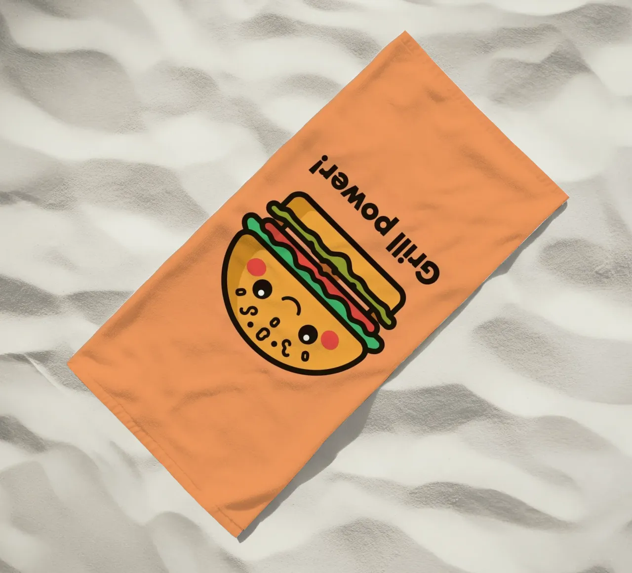 Un simpatico cartone animato sull'hamburger "Grill Power telo mare da DesignDoodle