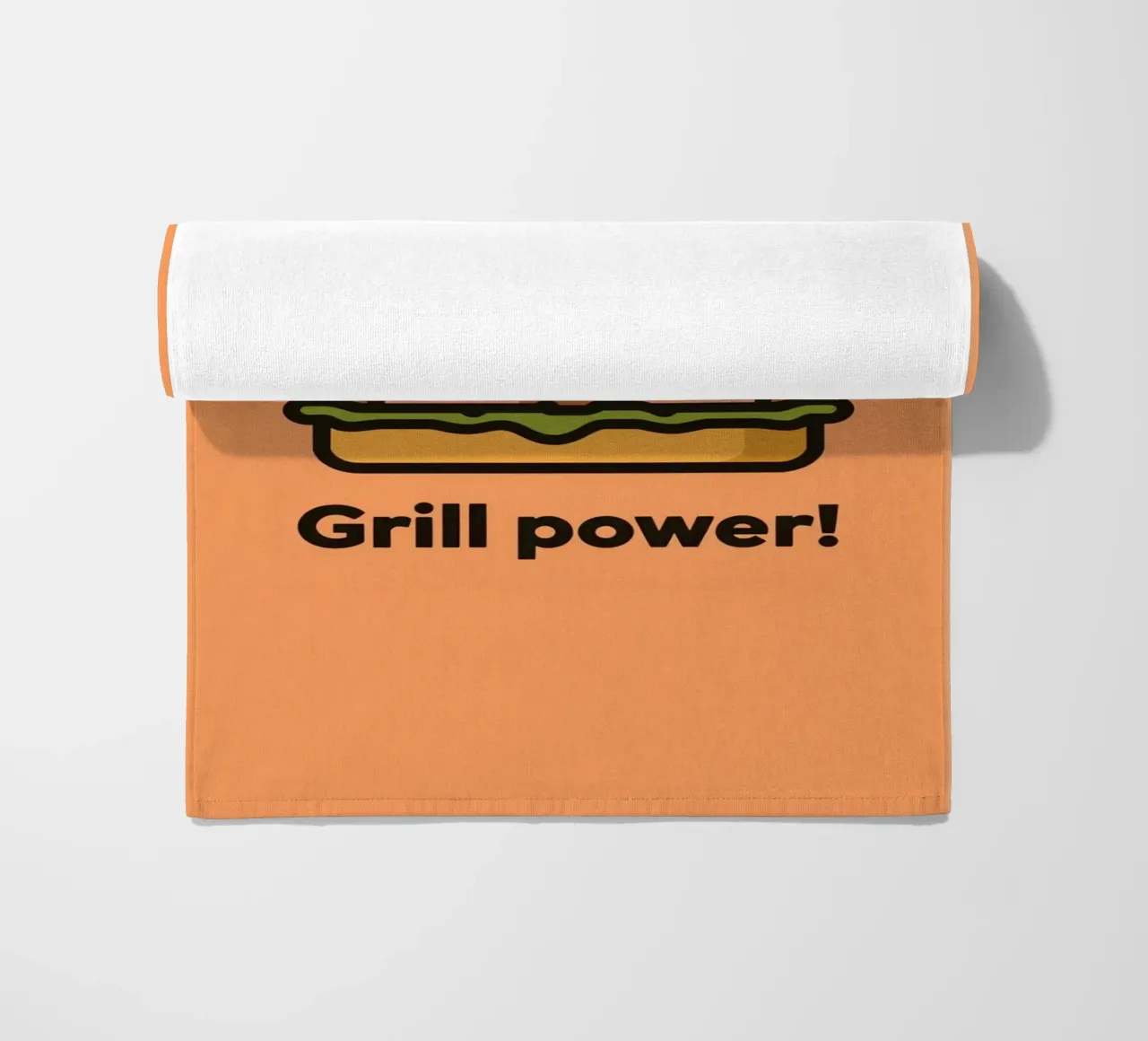 Un simpatico cartone animato sull'hamburger "Grill Power telo mare da DesignDoodle