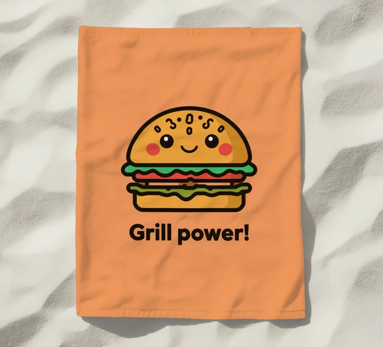Un simpatico cartone animato sull'hamburger "Grill Power telo mare da DesignDoodle