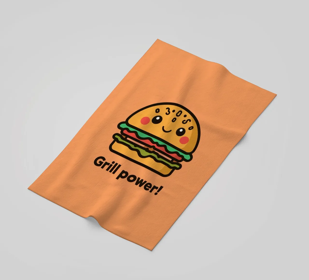 Un simpatico cartone animato sull'hamburger "Grill Power telo mare da DesignDoodle