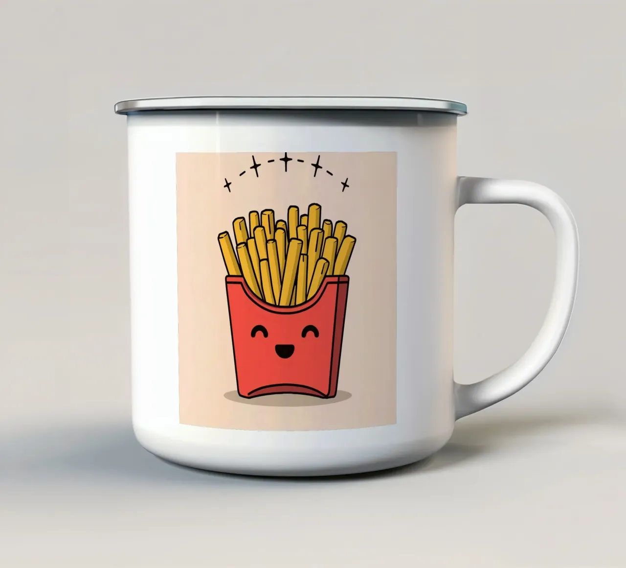 Carino cartone animato patatine fritte in cartone rosso con faccia sorridente tazza in smalto da DesignDoodle