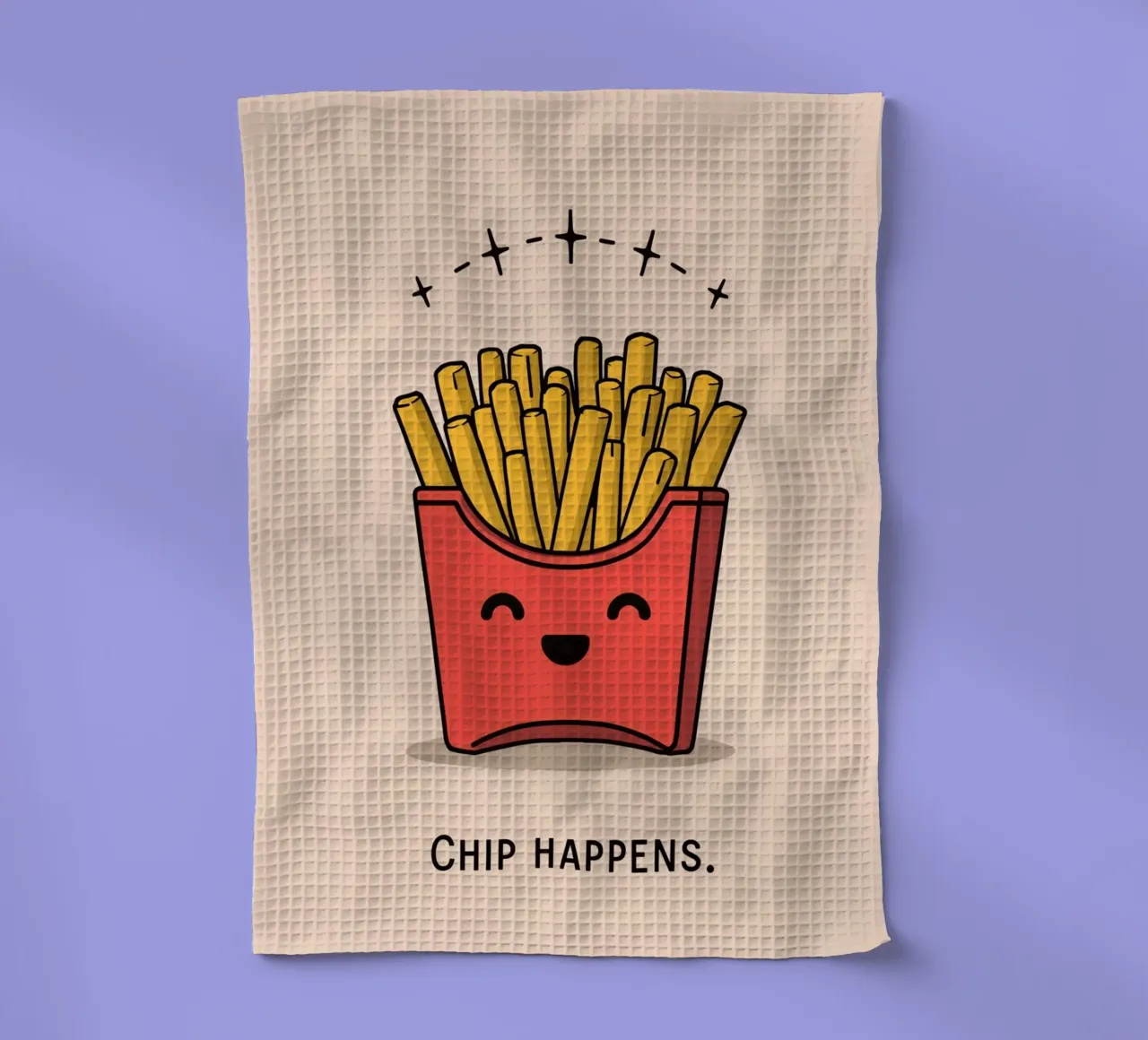 Mignon dessin animé de frites dans un carton rouge avec un visage souriant torchon de DesignDoodle