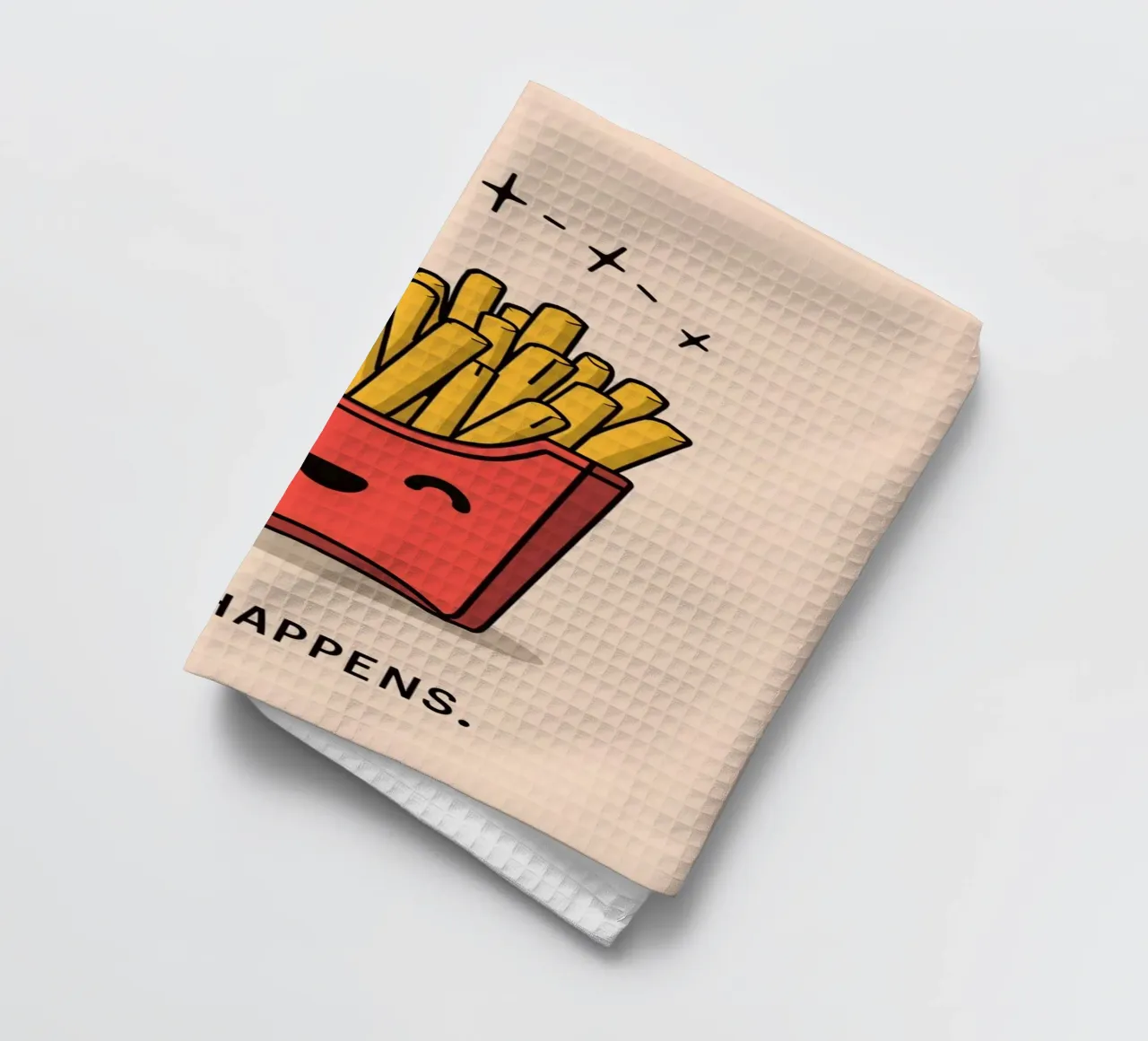 Mignon dessin animé de frites dans un carton rouge avec un visage souriant torchon de DesignDoodle