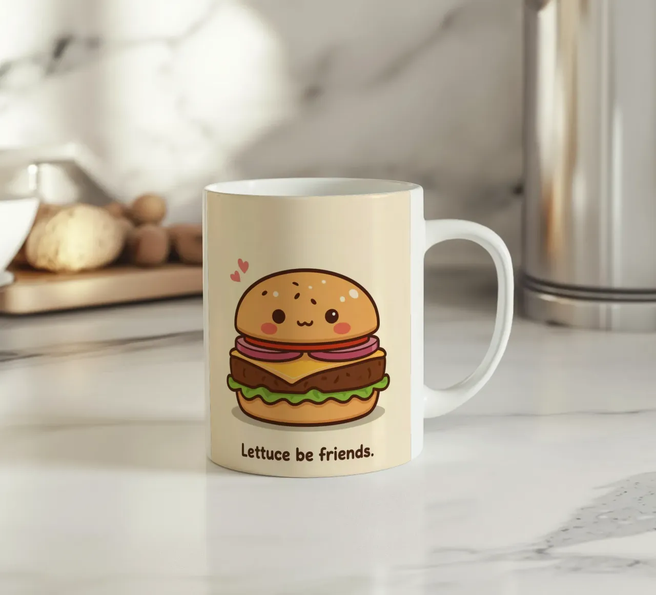 Simpatico hamburger con faccia felice e cuori tazza in ceramica da DesignDoodle