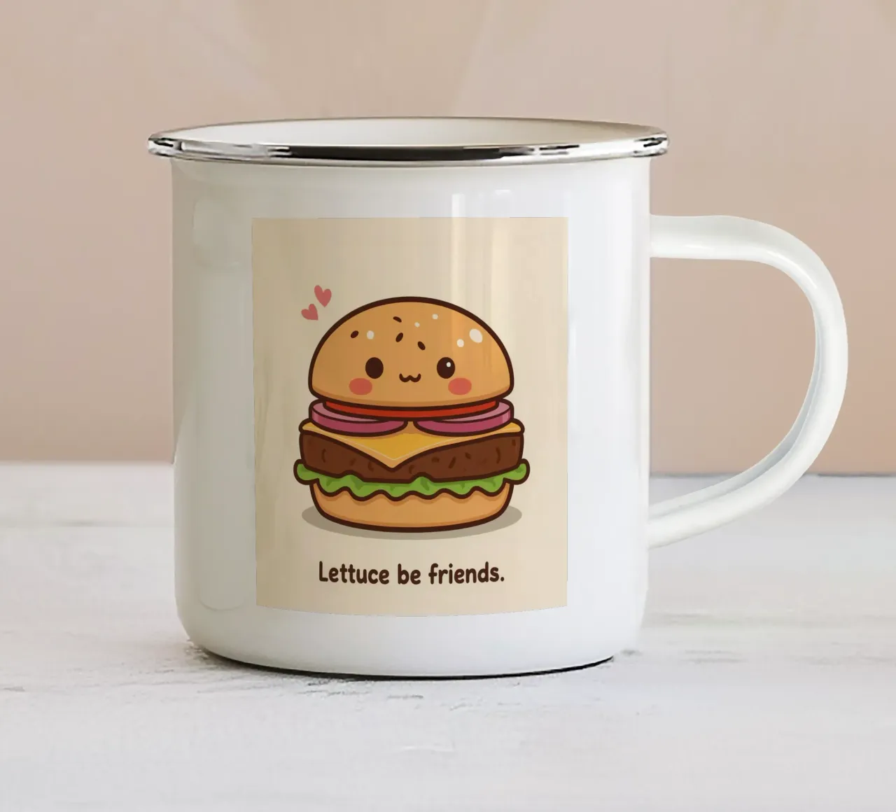 Simpatico hamburger con faccia felice e cuori tazza in smalto da DesignDoodle