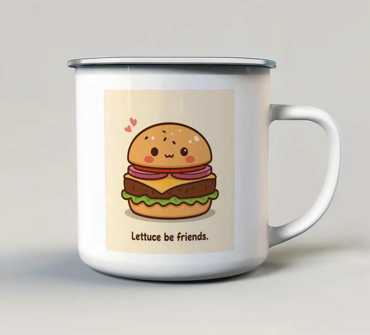 Simpatico hamburger con faccia felice e cuori tazza in smalto da DesignDoodle