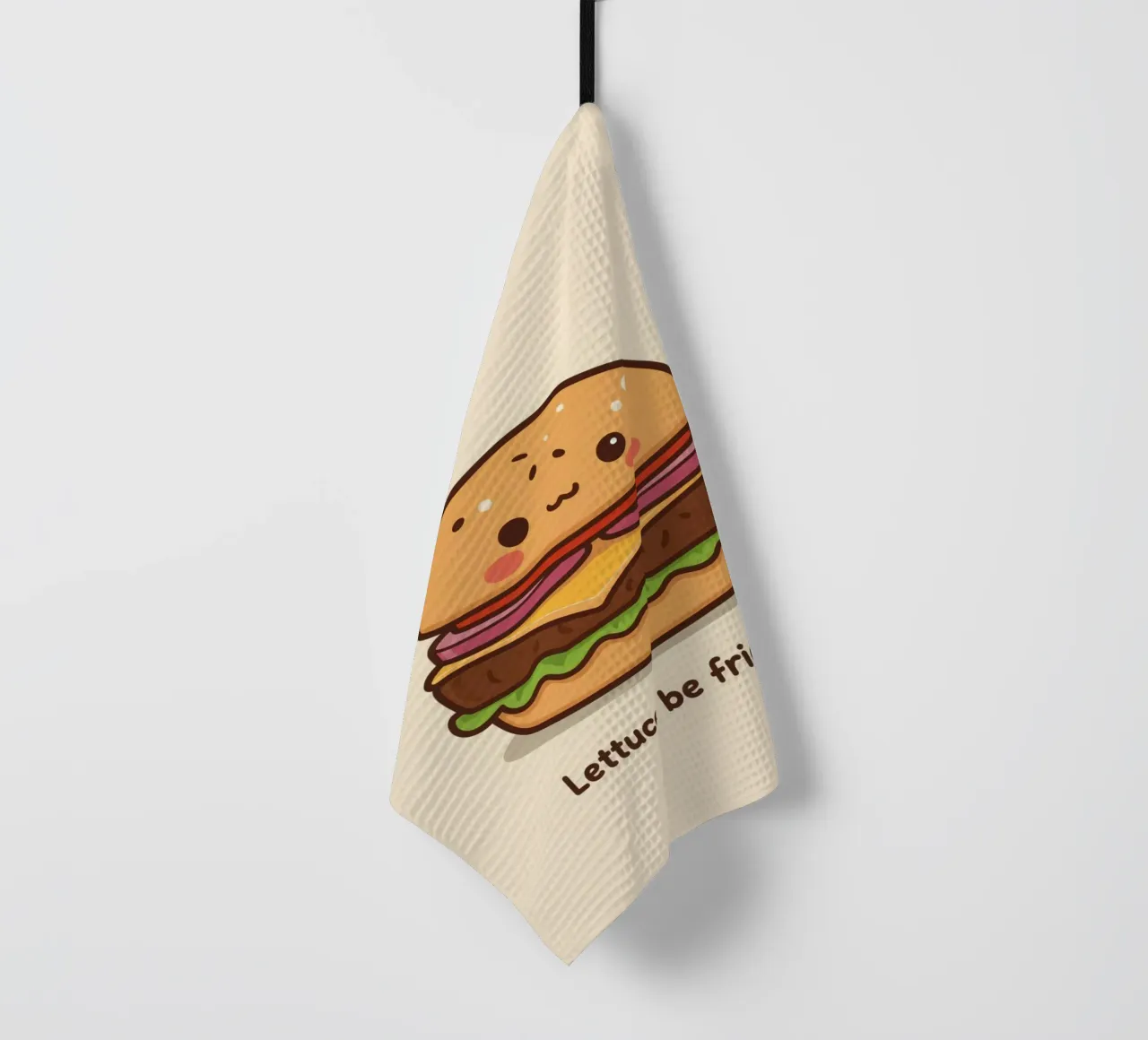 Simpatico hamburger con faccia felice e cuori canovaccio da cucina da DesignDoodle