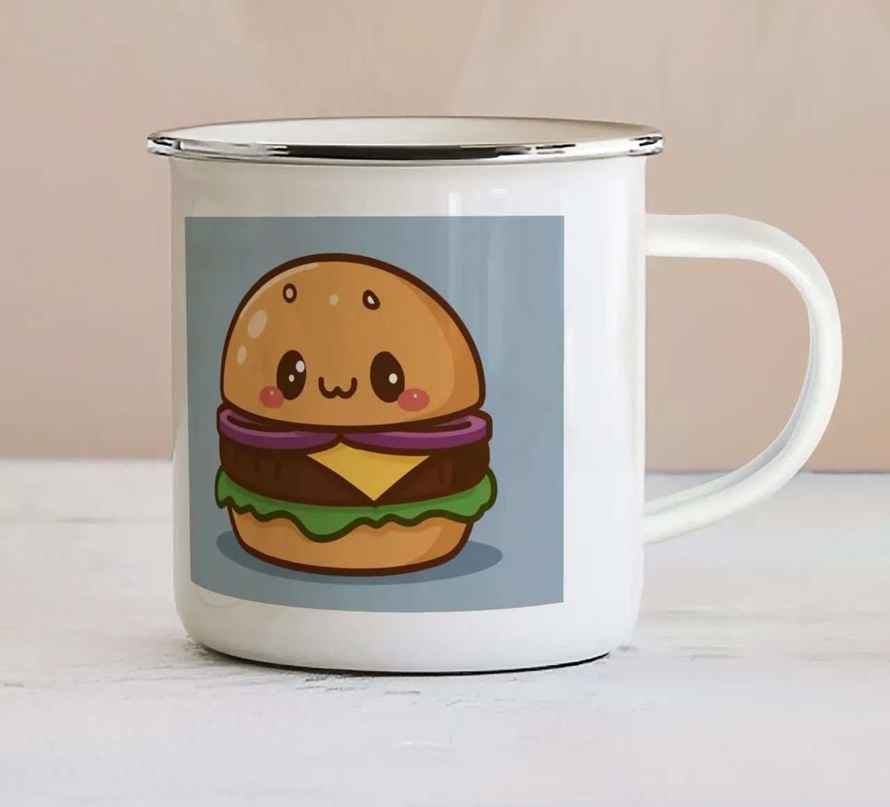 Schattige hamburger met gezicht "Stack Attack". emaille mok van DesignDoodle