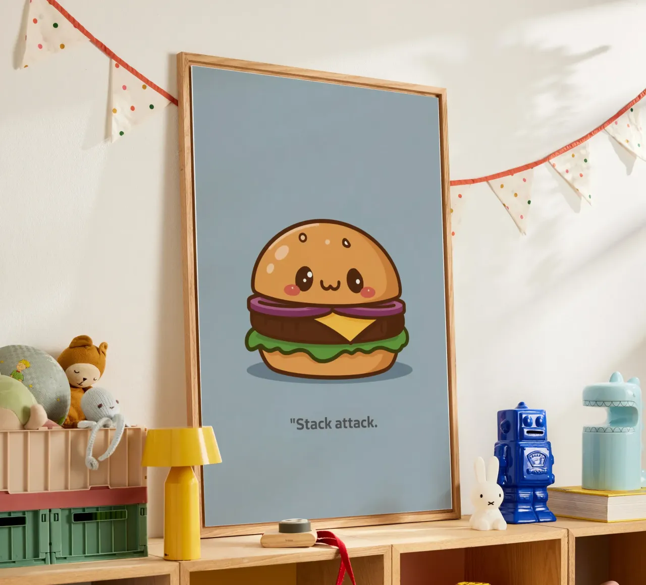 Simpática hamburguesa con cara "Stack Attack" metacrilato de DesignDoodle