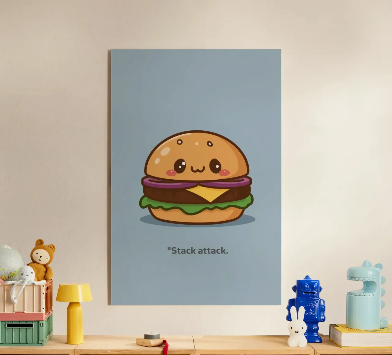 Simpática hamburguesa con cara "Stack Attack" metacrilato de DesignDoodle