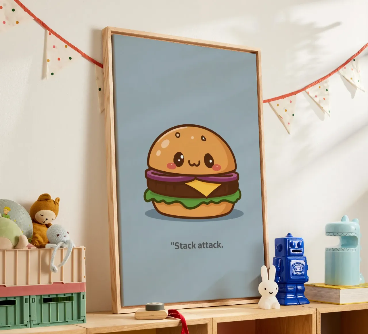Schattige hamburger met gezicht "Stack Attack". canvas van DesignDoodle