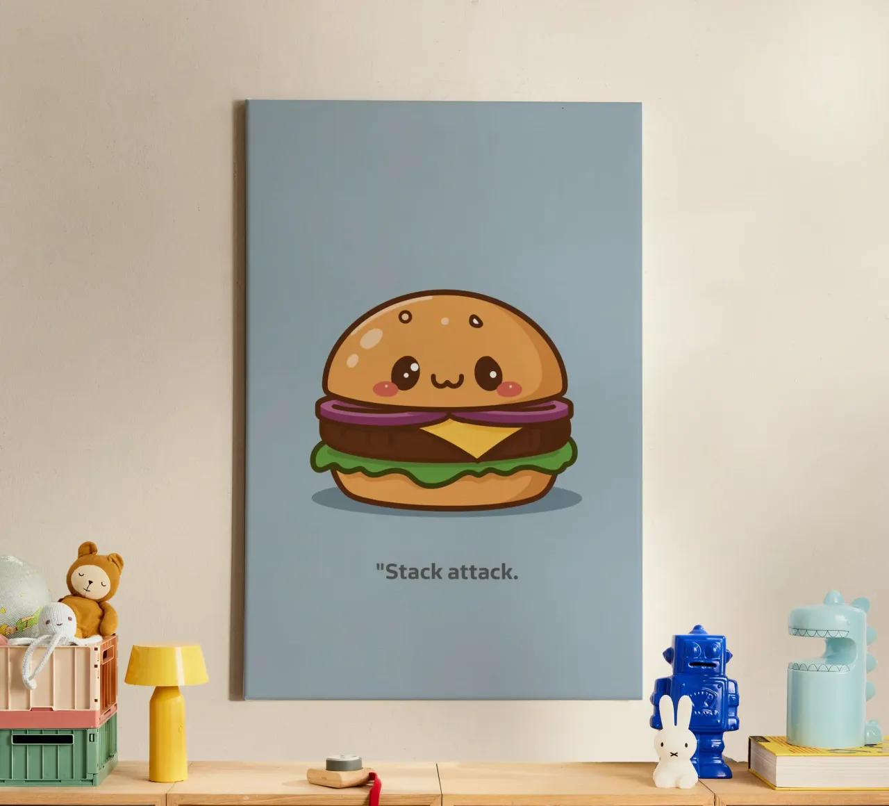 Schattige hamburger met gezicht "Stack Attack". canvas van DesignDoodle