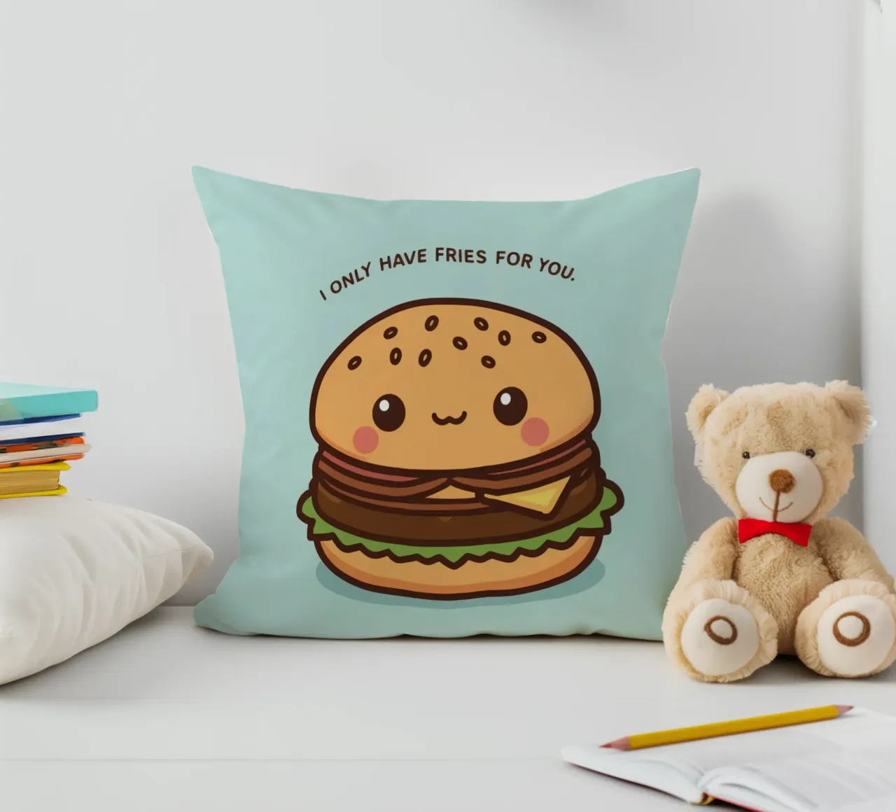 Simpatico hamburger felice con sovrapposizione divertente cuscino da DesignDoodle