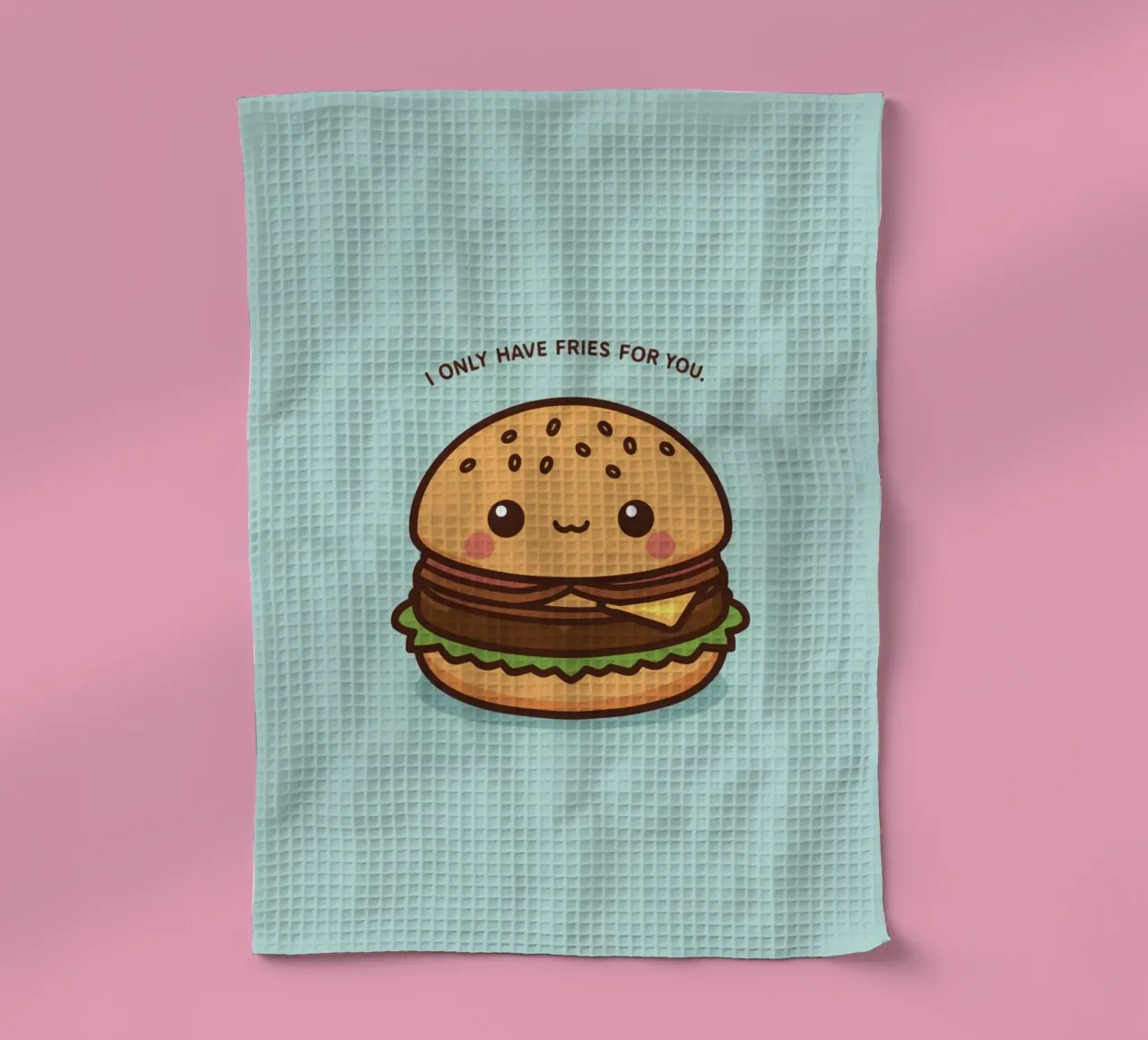 Simpatico hamburger felice con sovrapposizione divertente canovaccio da cucina da DesignDoodle