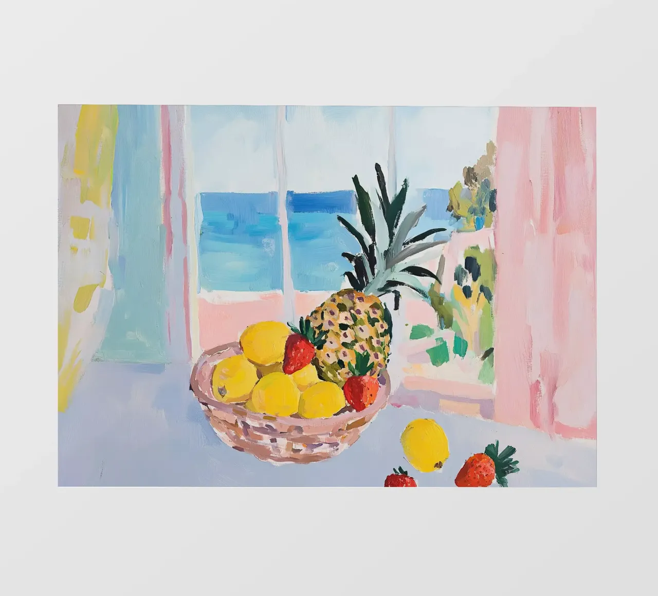 Cesto di frutta ananas limoni fragole gouache still life frutta carta da parati fotografica da Euphoria Theresa