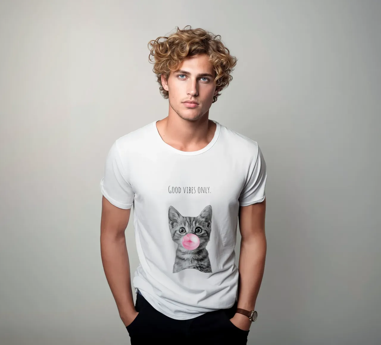 Cool cat - Good Vibes Only - pink t-shirt by Melanie Viola