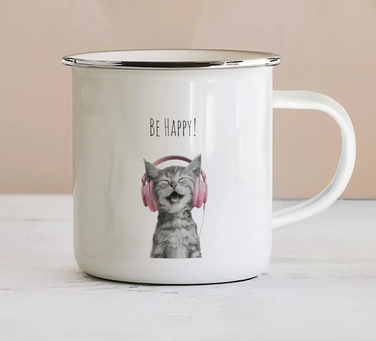 Gatto cool - Be Happy - rosa tazza in smalto da Melanie Viola