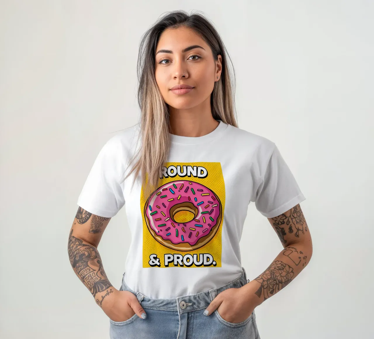 Ciambella con glassa rosa e zuccherini "Tonda e orgogliosa". t-shirt da DesignDoodle