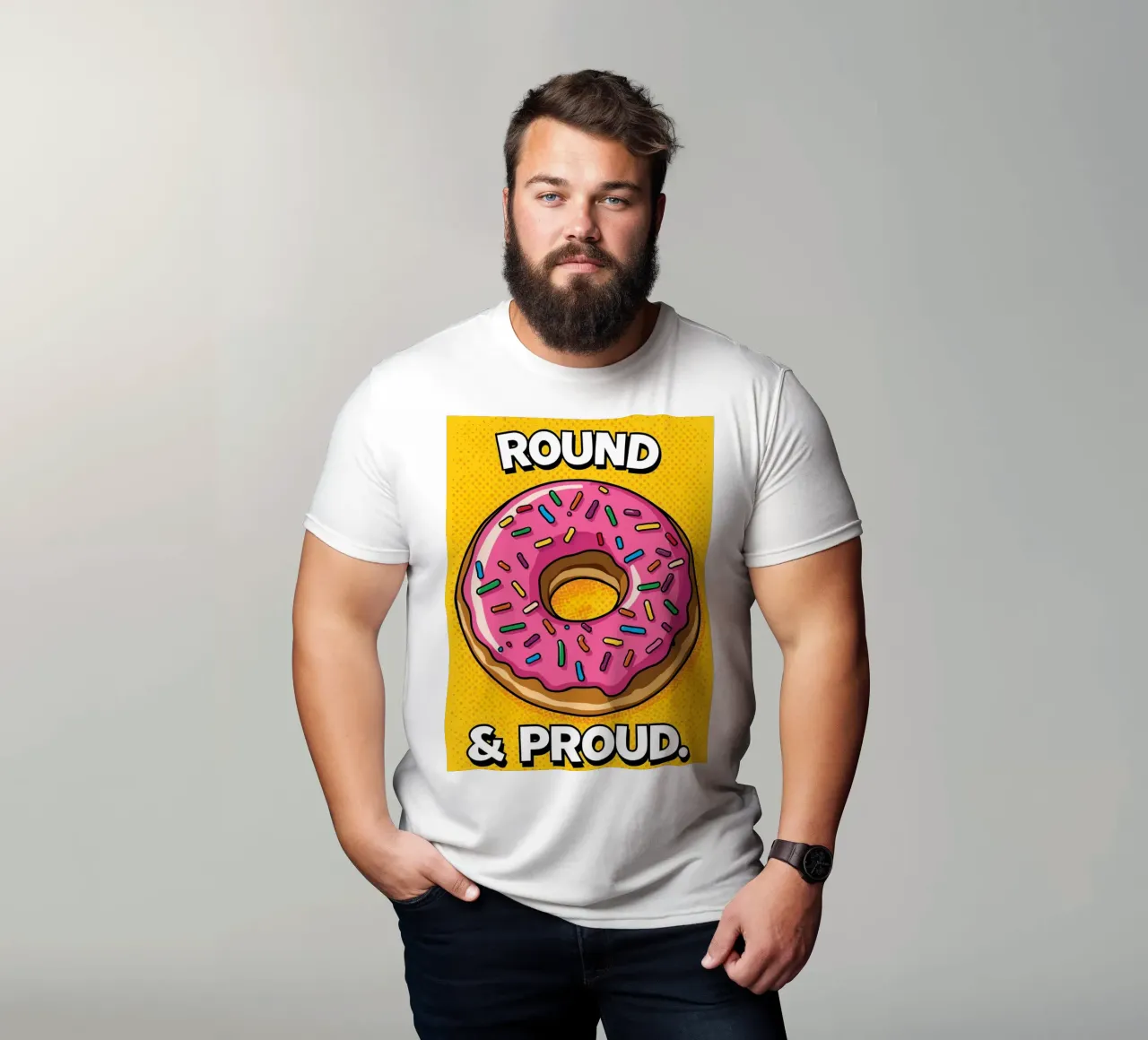 Ciambella con glassa rosa e zuccherini "Tonda e orgogliosa". t-shirt da DesignDoodle