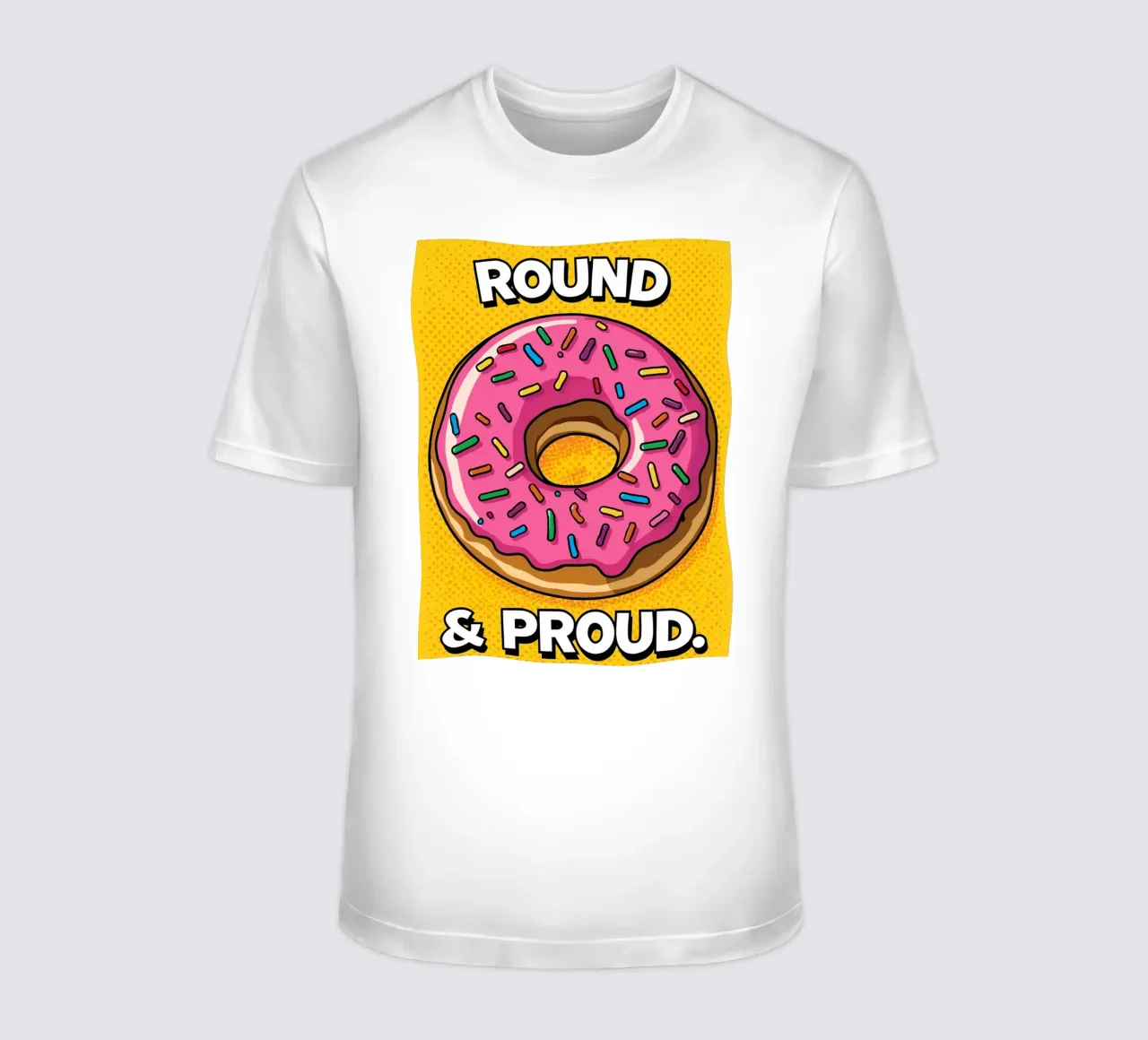 Ciambella con glassa rosa e zuccherini "Tonda e orgogliosa". t-shirt da DesignDoodle