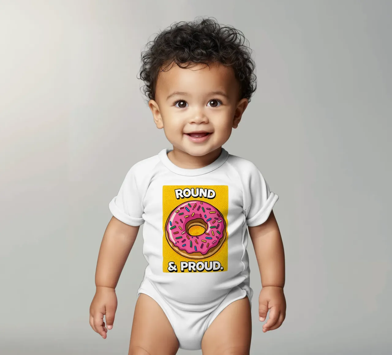 Ciambella con glassa rosa e zuccherini "Tonda e orgogliosa". body neonato maniche corte da DesignDoodle