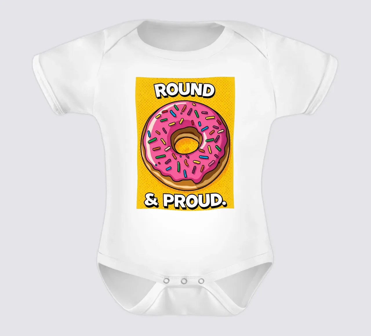 Ciambella con glassa rosa e zuccherini "Tonda e orgogliosa". body neonato maniche corte da DesignDoodle